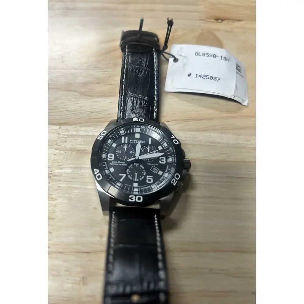 Citizen Eco-Drive Mens Chronograph Tachymeter Date Black Dial Leather Box